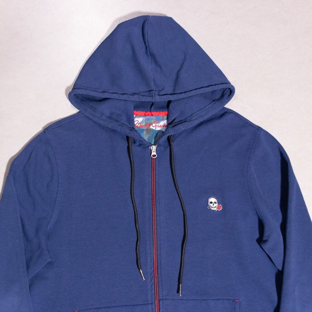 Robert Graham Skull Rose Two Way Full Zip Hoodie Sweatshirt Blue Men's Large